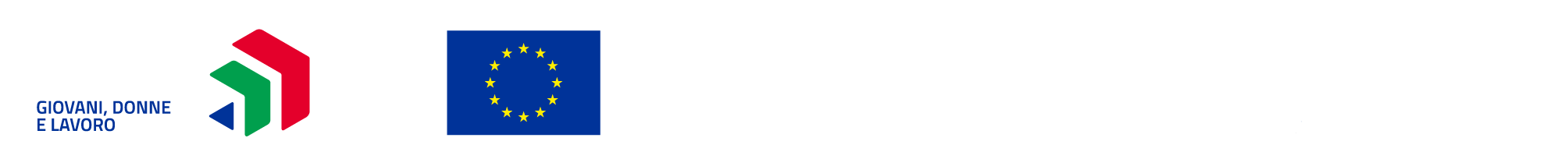 Blocchi logo con la scritta Giovani, donne e lavoro, il marchio Coesione Italia e la bandiera dell’Unione europea con scritta Cofinanziato dall'Unione Europea