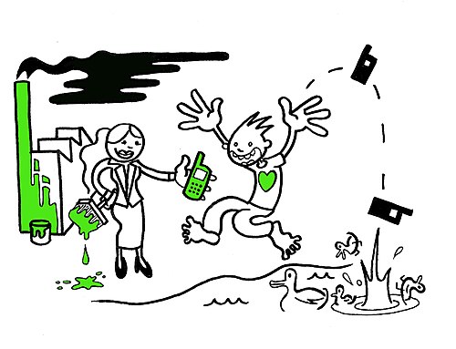 Caricatura del concetto di greenwashing in cui un consumatore è incoraggiato ad acquistare un cellulare green, dipinto di verde, e allo stesso tempo scarica i vecchi cellulari nell'ambiente.